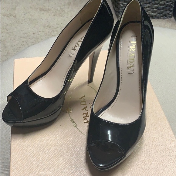 Prada Black Patent peep toe pumps size 37.5 - Picture 1 of 8
